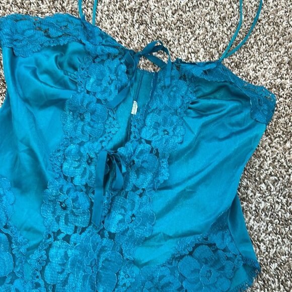 Vintage Alana Gale Intimates Teddy Romper Lace High Cut Nylon Bodysuit Turquoise - Picture 7 of 10